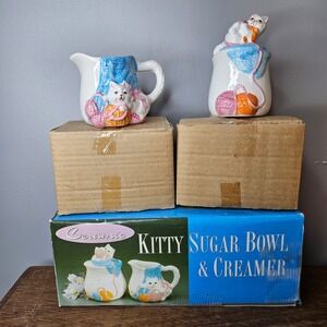 PMC Ceramic Kitty Cat Sugar Bowl Creamer Set White Blue Yarn Ball Kitsch w/ Box